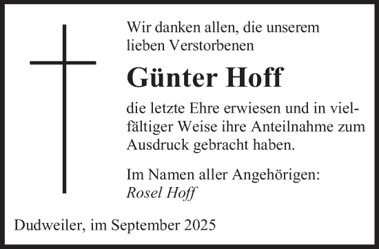 Traueranzeige von Günter Hoff von saarbruecker_zeitung