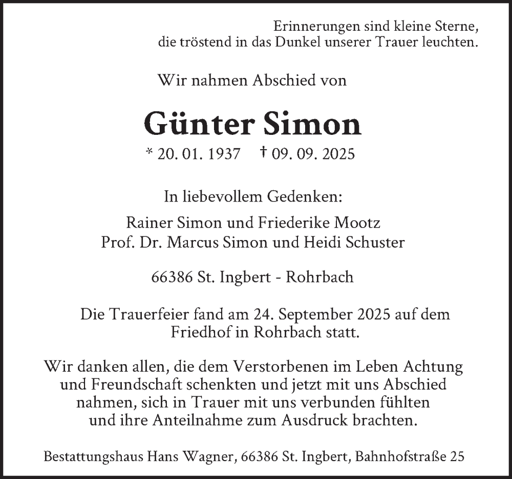  Traueranzeige für Günter Simon vom 25.09.2025 aus saarbruecker_zeitung