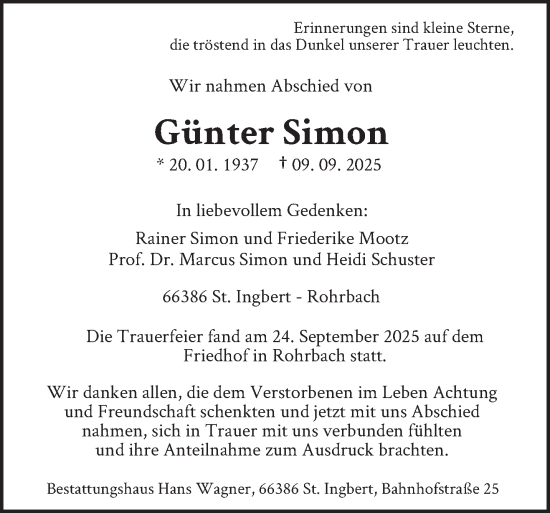 Traueranzeige von Günter Simon von saarbruecker_zeitung
