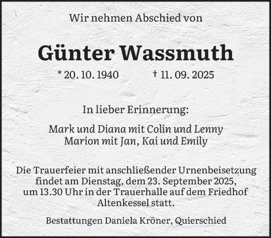 Traueranzeige von Günter Wassmuth von saarbruecker_zeitung