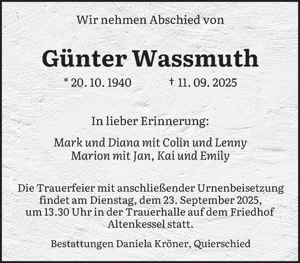  Traueranzeige für Günter Wassmuth vom 20.09.2025 aus saarbruecker_zeitung