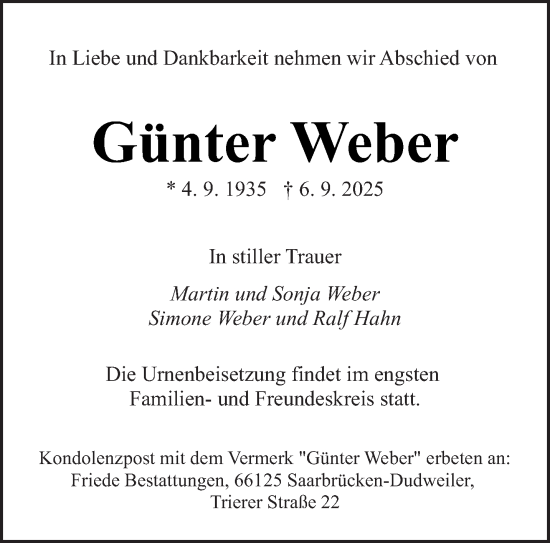Traueranzeige von Günter Weber von saarbruecker_zeitung