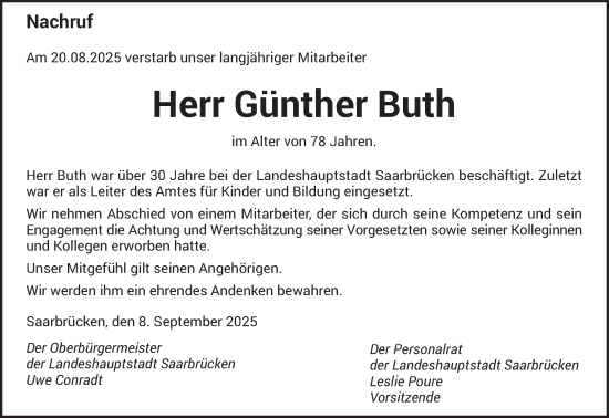 Traueranzeige von Günther Buth von saarbruecker_zeitung