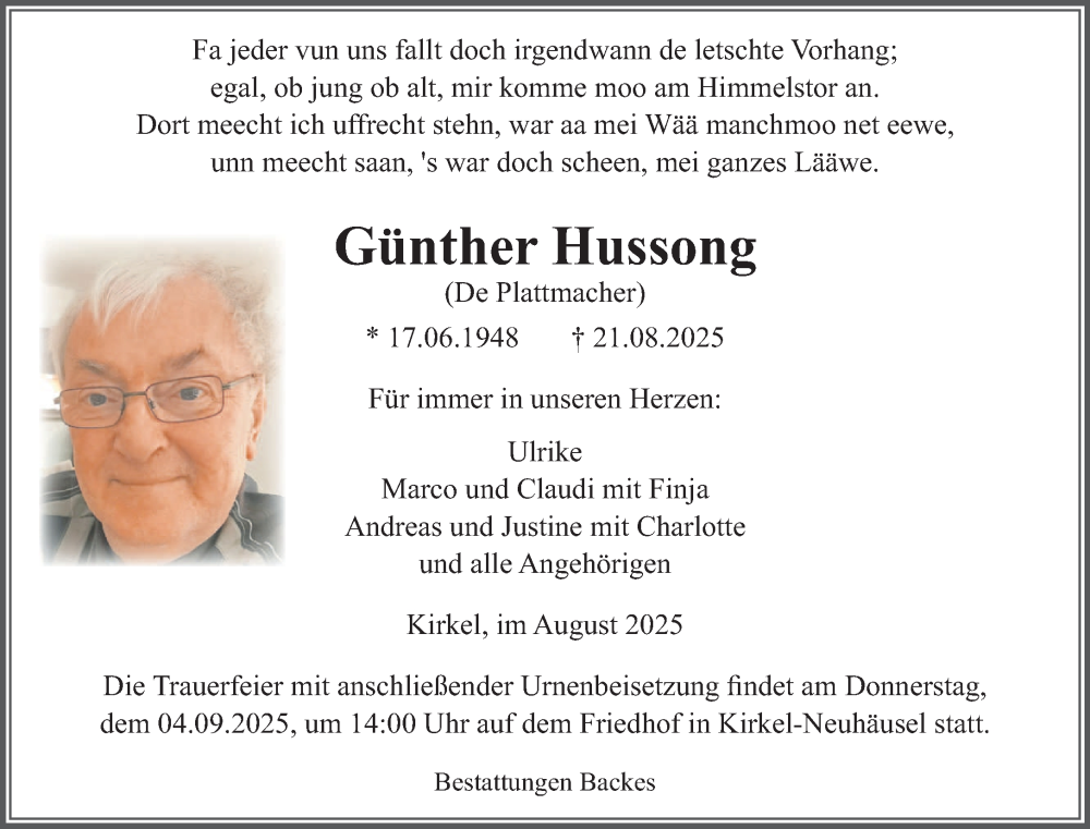  Traueranzeige für Günther Hussong vom 30.08.2025 aus saarbruecker_zeitung