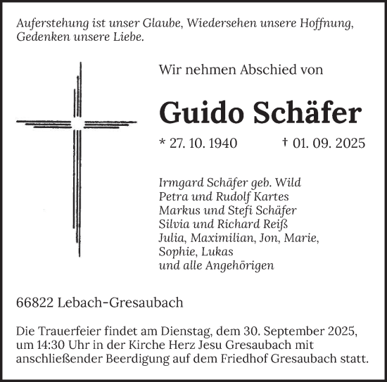 Traueranzeige von Guido Schäfer von saarbruecker_zeitung