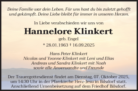 Traueranzeige von Hannelore Klinkert von saarbruecker_zeitung