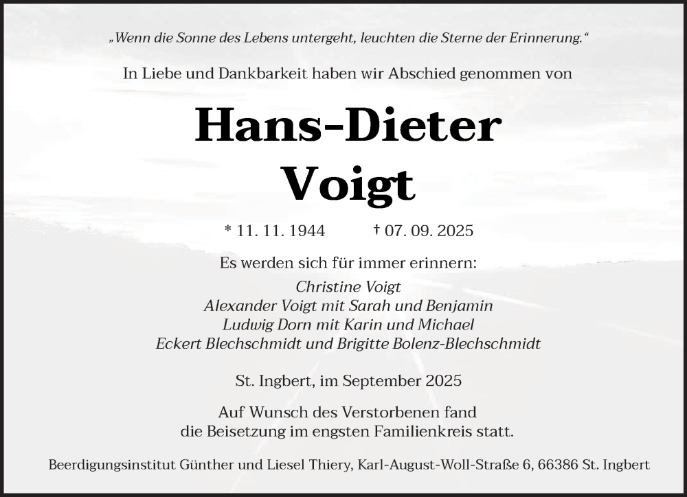  Traueranzeige für Hans-Dieter Voigt vom 20.09.2025 aus saarbruecker_zeitung