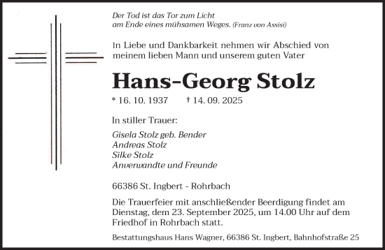 Traueranzeige von Hans-Georg Stolz von saarbruecker_zeitung