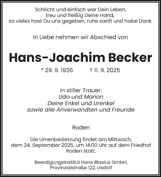 Traueranzeige von Hans-Joachim Becker von saarbruecker_zeitung