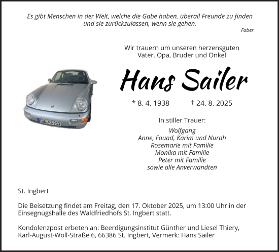 Traueranzeige von Hans Sailer von saarbruecker_zeitung