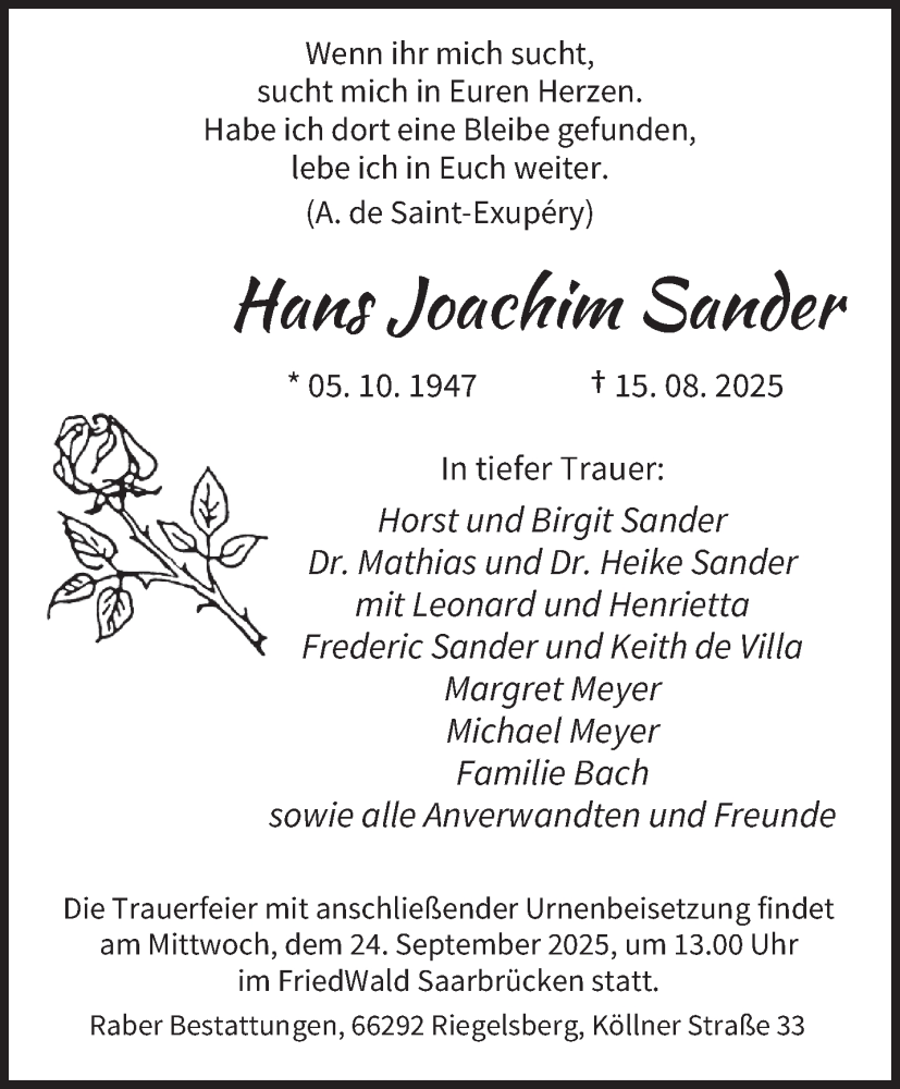  Traueranzeige für Hans Joachim Sander vom 30.08.2025 aus saarbruecker_zeitung