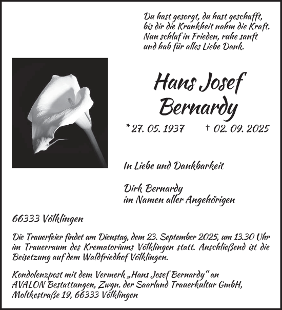 Traueranzeige von Hans Josef Bernardy von saarbruecker_zeitung