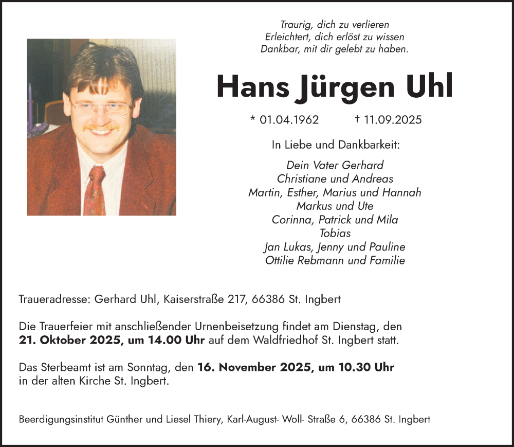  Traueranzeige für Hans Jürgen Uhl vom 27.09.2025 aus saarbruecker_zeitung