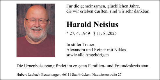 Traueranzeige von Harald Neisius von saarbruecker_zeitung