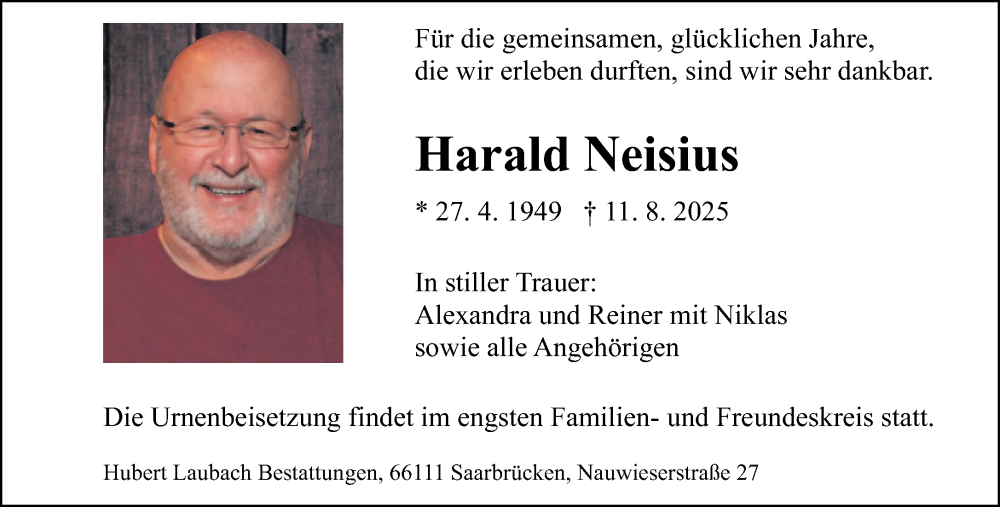  Traueranzeige für Harald Neisius vom 30.08.2025 aus saarbruecker_zeitung