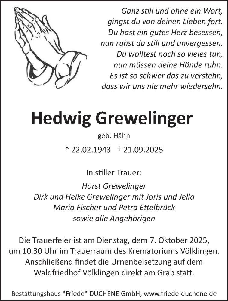  Traueranzeige für Hedwig Grewelinger vom 27.09.2025 aus saarbruecker_zeitung