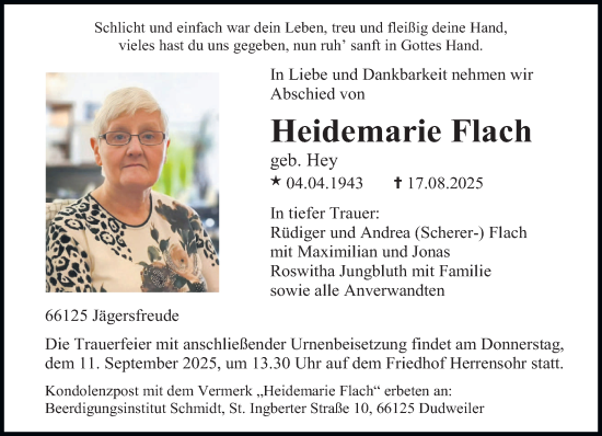 Traueranzeige von Heidemarie Flach von saarbruecker_zeitung
