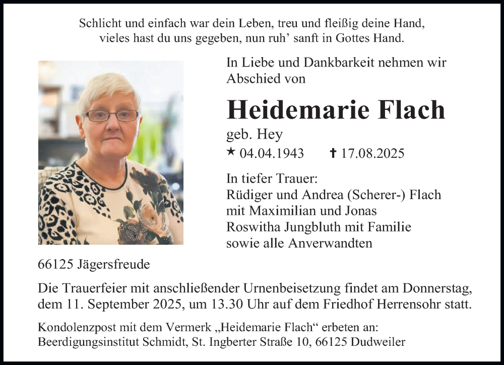  Traueranzeige für Heidemarie Flach vom 30.08.2025 aus saarbruecker_zeitung