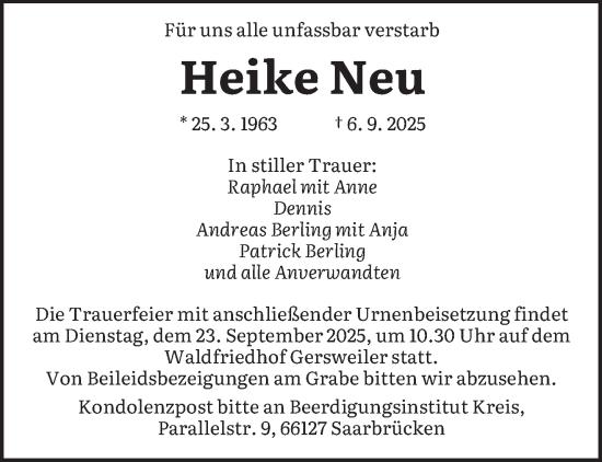 Traueranzeige von Heike Neu von saarbruecker_zeitung