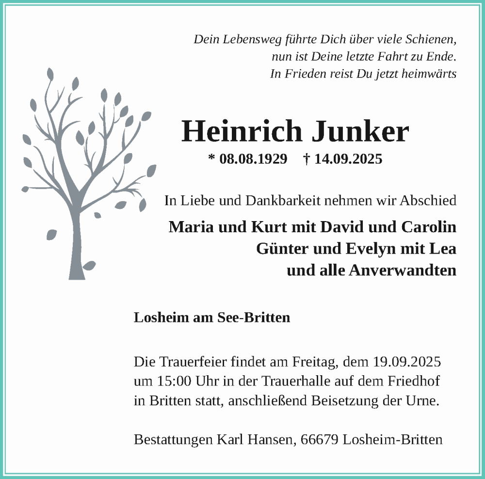  Traueranzeige für Heinrich Junker vom 17.09.2025 aus saarbruecker_zeitung