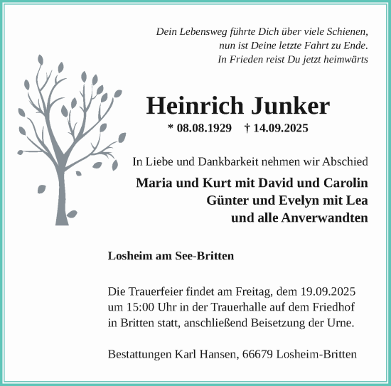 Traueranzeige von Heinrich Junker von saarbruecker_zeitung