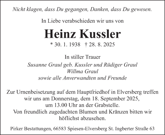 Traueranzeige von Heinz Kussler von saarbruecker_zeitung