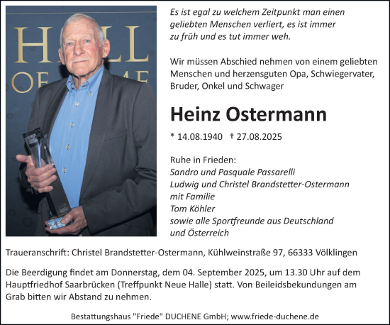 Traueranzeige von Heinz Ostermann von saarbruecker_zeitung