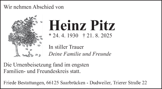 Traueranzeige von Heinz Pitz von saarbruecker_zeitung