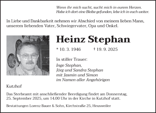 Traueranzeige von Heinz Stephan von saarbruecker_zeitung