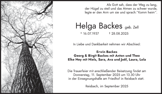 Traueranzeige von Helga Backes von saarbruecker_zeitung