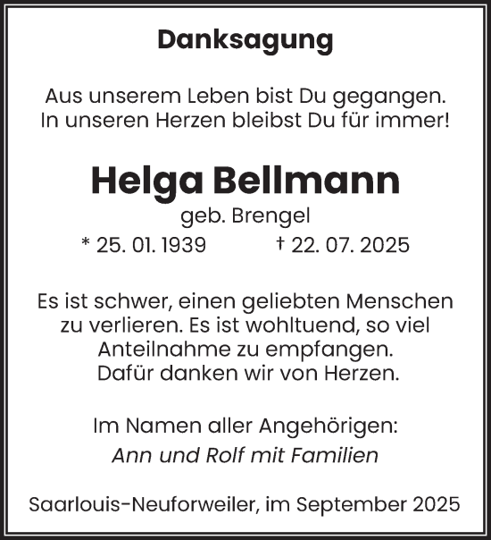 Traueranzeige von Helga Bellmann von saarbruecker_zeitung