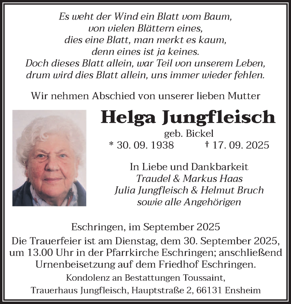  Traueranzeige für Helga Jungfleisch vom 27.09.2025 aus saarbruecker_zeitung