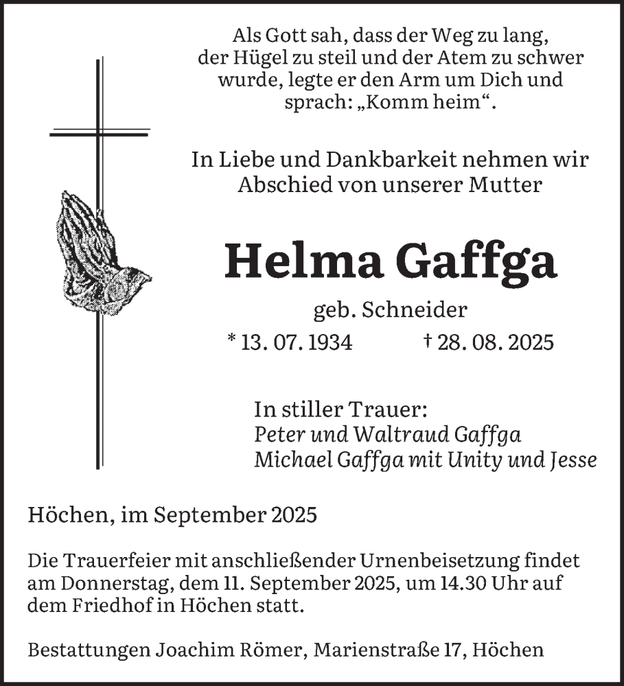  Traueranzeige für Helma Gaffga vom 06.09.2025 aus saarbruecker_zeitung