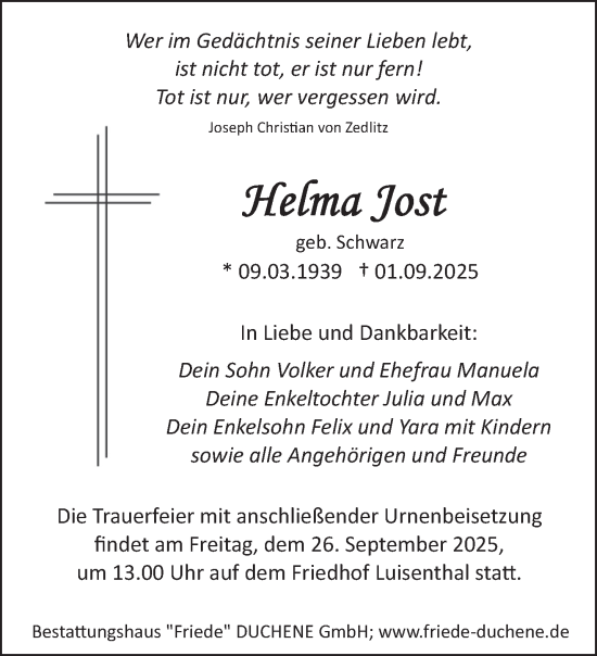 Traueranzeige von Helma Jost von saarbruecker_zeitung