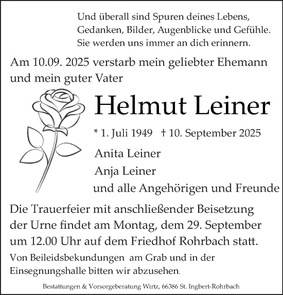 Traueranzeige von Helmut Leiner von saarbruecker_zeitung