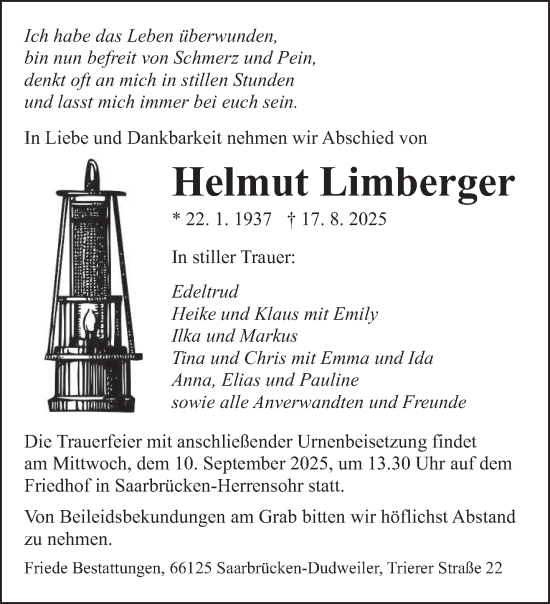 Traueranzeige von Helmut Limberger von saarbruecker_zeitung