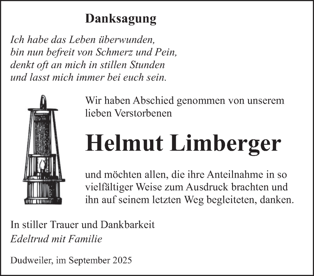  Traueranzeige für Helmut Limberger vom 20.09.2025 aus saarbruecker_zeitung