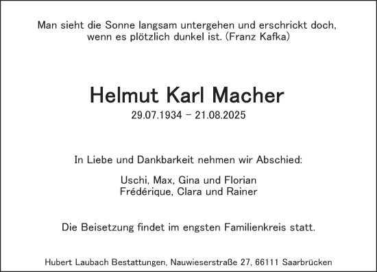 Traueranzeige von Helmut Karl Macher von saarbruecker_zeitung