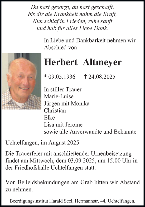 Traueranzeige von Herbert Altmeyer von saarbruecker_zeitung
