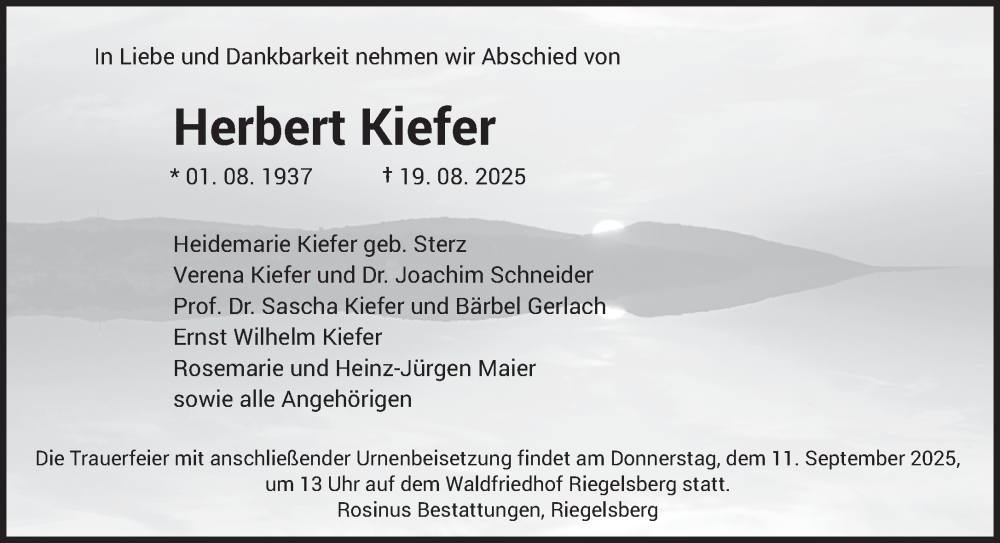  Traueranzeige für Herbert Kiefer vom 06.09.2025 aus saarbruecker_zeitung