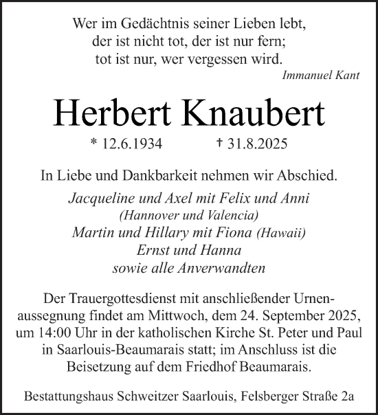 Traueranzeige von Herbert Knaubert von saarbruecker_zeitung