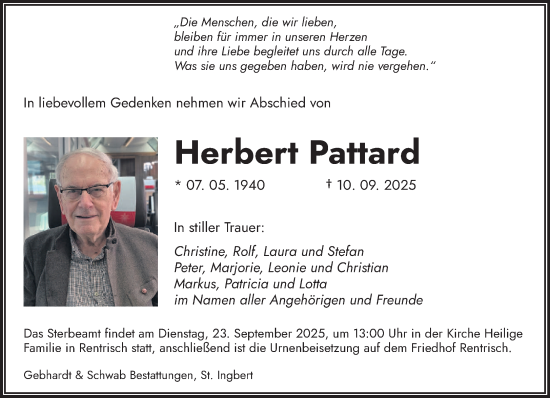 Traueranzeige von Herbert Pattard von saarbruecker_zeitung