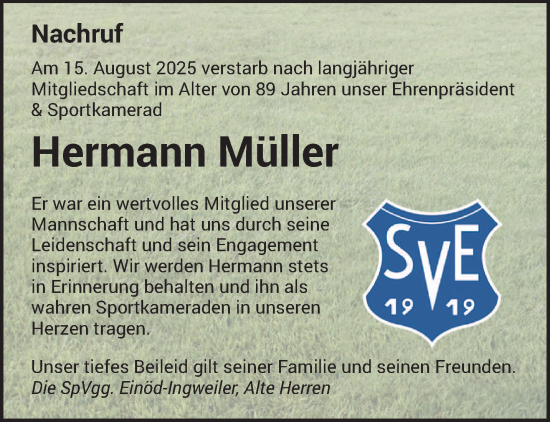 Traueranzeige von Hermann Müller von saarbruecker_zeitung