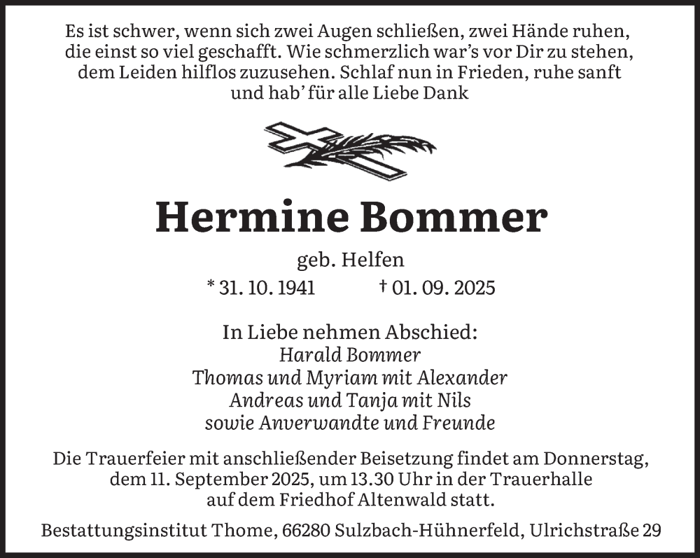  Traueranzeige für Hermine Bommer vom 06.09.2025 aus saarbruecker_zeitung