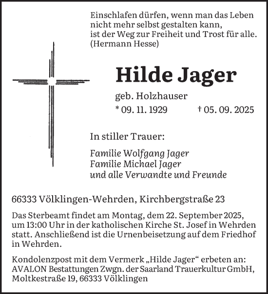 Traueranzeige von Hilde Jager von saarbruecker_zeitung