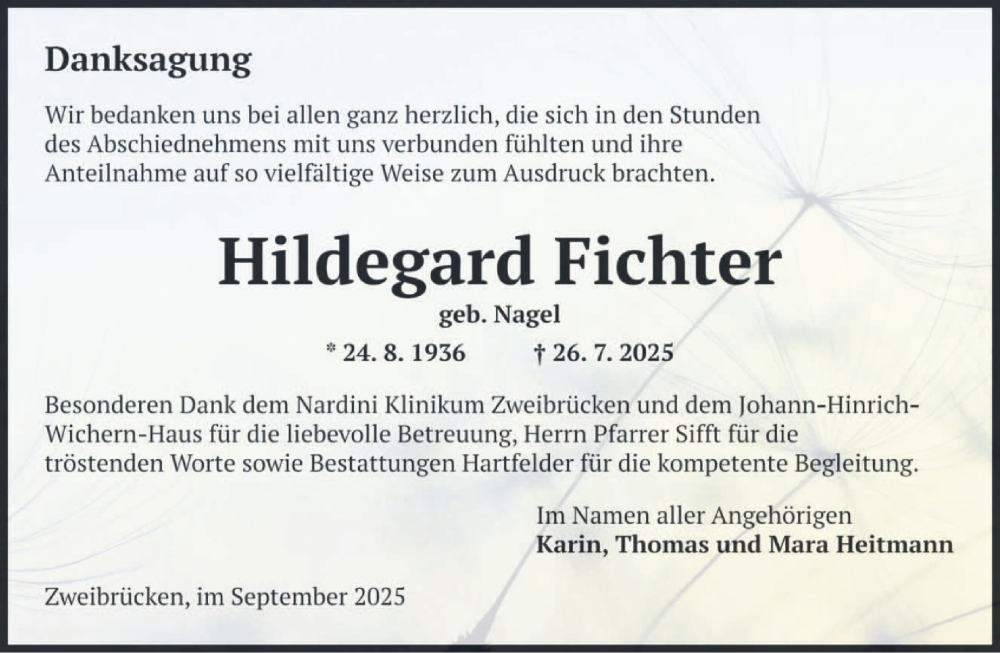 Traueranzeige für Hildegard Fichter vom 05.09.2025 aus saarbruecker_zeitung