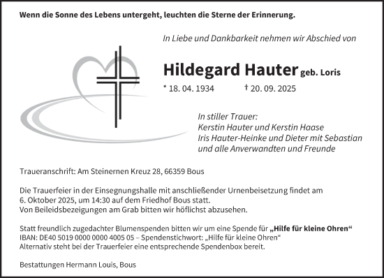Traueranzeige von Hildegard Hauter von saarbruecker_zeitung
