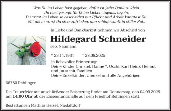 Traueranzeige von Hildegard Schneider von saarbruecker_zeitung