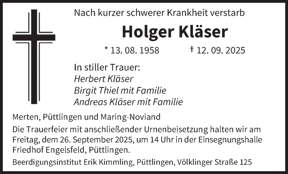  Traueranzeige für Holger Kläser vom 20.09.2025 aus saarbruecker_zeitung