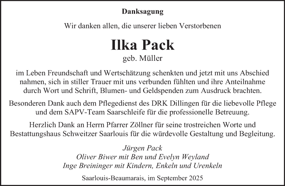  Traueranzeige für Ilka Pack vom 20.09.2025 aus saarbruecker_zeitung